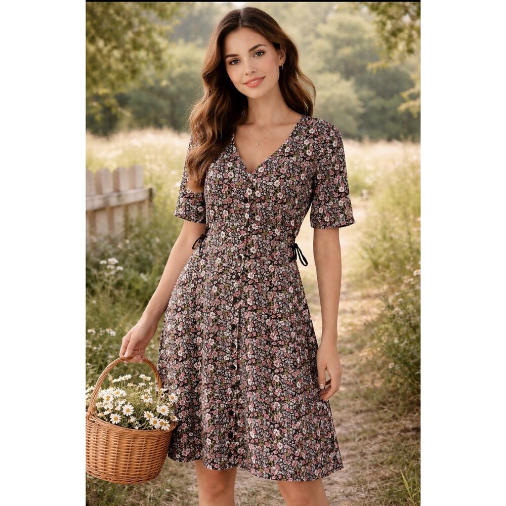 VTG Button-Up 60’s 70’s Micro FLORAL DRESS M Laced-up Fairy Cottagecore Boho